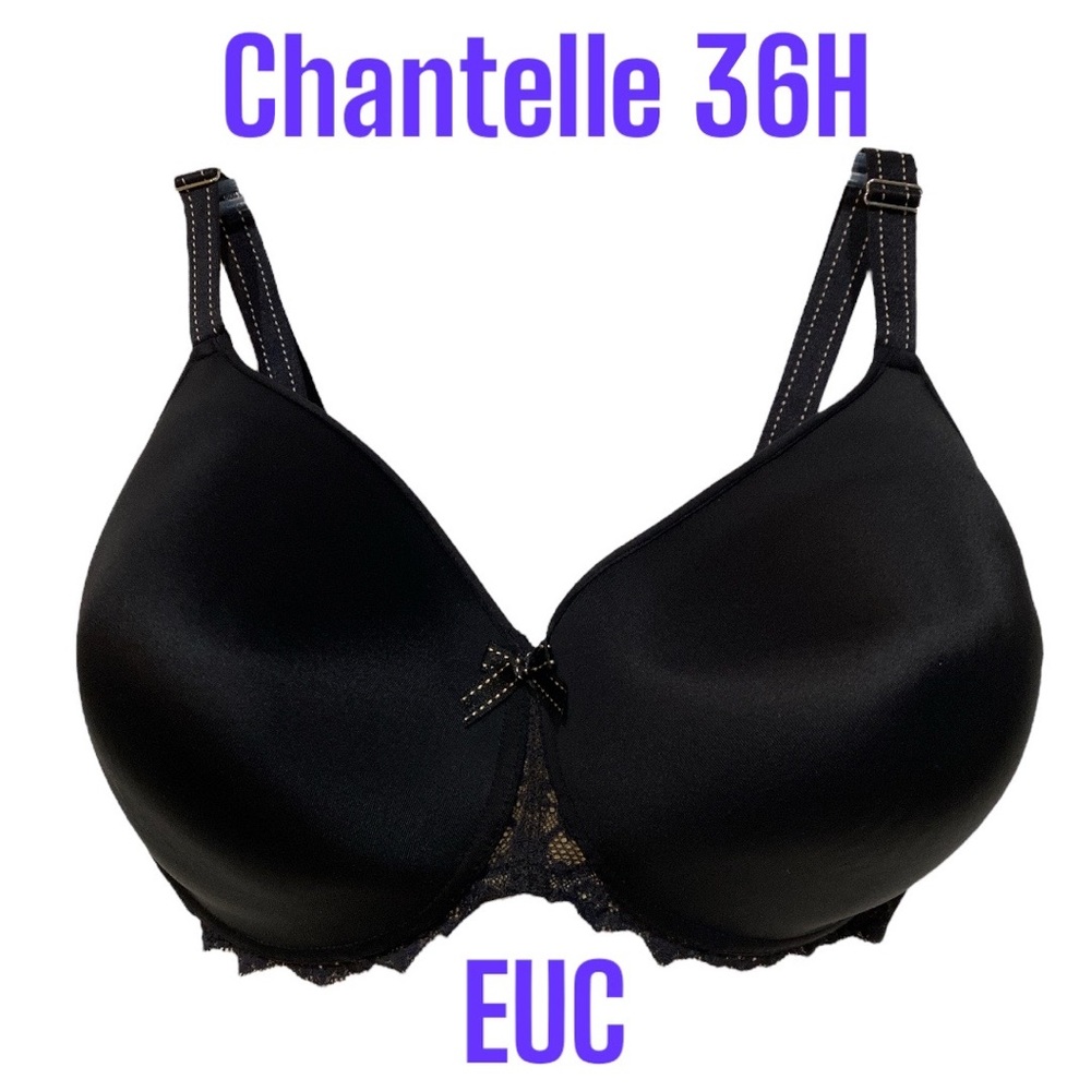 EUC Chantelle 36H Quality Bra Black Beauty Metallic Gold Sheer Lining Lace 36FF